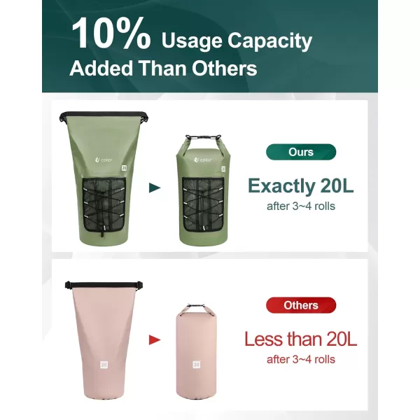 Fcolor Waterproof Dry Bag Backpack  5L10L20L30L40L Lightweight Roll Top Waterproof Pouch Dry Bag with Waterproof Phone Case for Kayaking Beach Boating Paddleboarding Camping Fishing20L Army Green