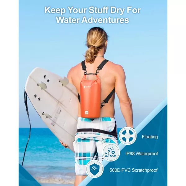 Fcolor Waterproof Dry Bag Backpack  5L10L20L30L40L Lightweight Roll Top Waterproof Pouch Dry Bag with Waterproof Phone Case for Kayaking Beach Boating Paddleboarding Camping Fishing10L Orange