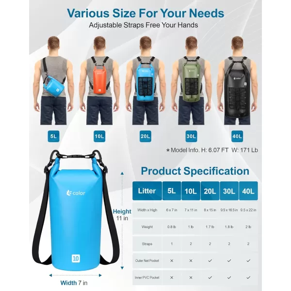 Fcolor Waterproof Dry Bag Backpack  5L10L20L30L40L Lightweight Roll Top Waterproof Pouch Dry Bag with Waterproof Phone Case for Kayaking Beach Boating Paddleboarding Camping Fishing10L Blue