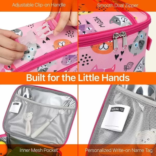 Fcolor lunch box kids Insulated Lunch Box Bag for Girls Boys Kids Toddler Children Teen Preschool Student School with Containers Adjustable Clipon Handle Pink Kitten