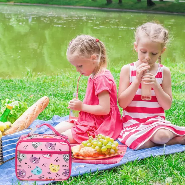 Fcolor lunch box kids Insulated Lunch Box Bag for Girls Boys Kids Toddler Children Teen Preschool Student School with Containers Adjustable Clipon Handle Pink Kitten