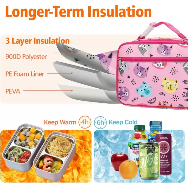 Fcolor lunch box kids Insulated Lunch Box Bag for Girls Boys Kids Toddler Children Teen Preschool Student School with Containers Adjustable Clipon Handle Pink Kitten