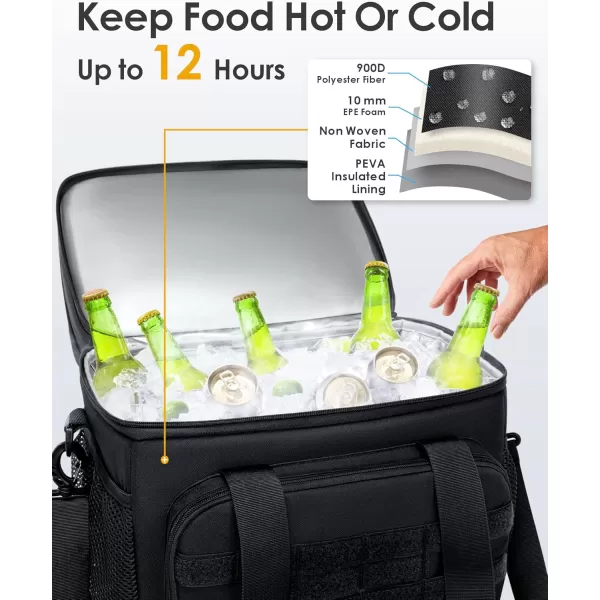 TACTICISM Tactical Lunch Box for Men 12L MOLLE Lunch Bag Adult Up to 8 Hours Insulated lunchbox Large Durable Leakproof Cooler with Detachable Water Bottle Pouch for Work Camping Fishing Black03BBlack  Double Deck