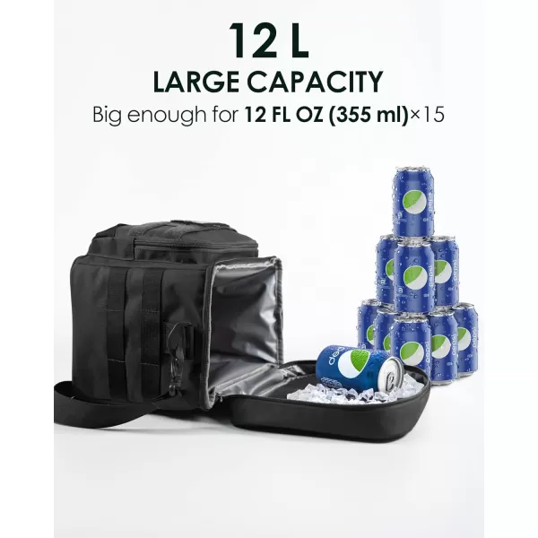 TACTICISM Tactical Lunch Box for Men 12L MOLLE Lunch Bag Adult Up to 8 Hours Insulated lunchbox Large Durable Leakproof Cooler with Detachable Water Bottle Pouch for Work Camping Fishing Black01GBlack  with 2 Patches and Water Bottle Pouch