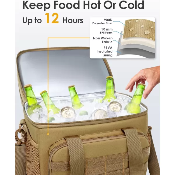 TACTICISM Tactical Lunch Box for Men 12L MOLLE Lunch Bag Adult Up to 8 Hours Insulated lunchbox Large Durable Leakproof Cooler with Detachable Water Bottle Pouch for Work Camping Fishing Black03ABrown  Double Deck