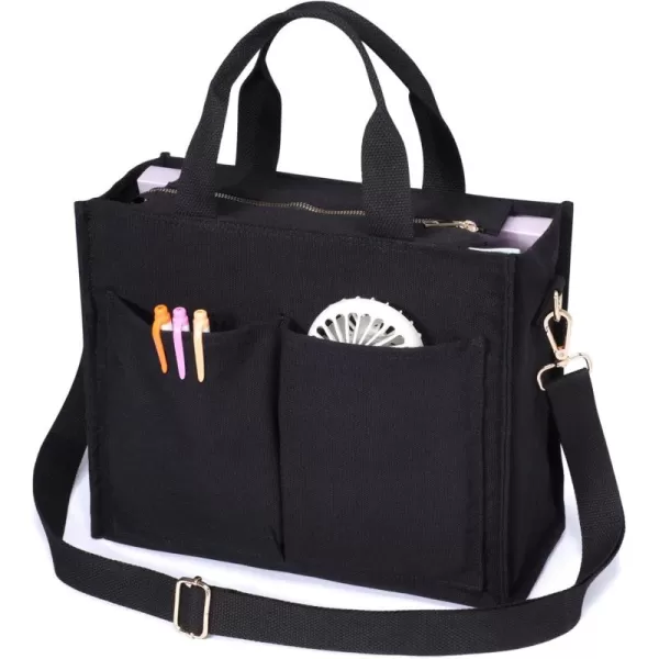 Fcolor Canvas Tote Bag with Zipper 7 Pockets Everything Tote Bag with Compartment for Women College Teacher Work Bag01mediumblack