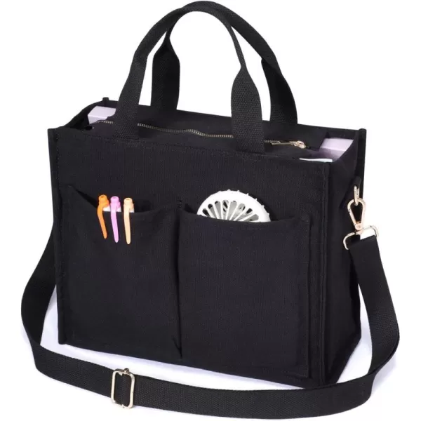 Fcolor Canvas Tote Bag with Zipper 7 Pockets Everything Tote Bag with Compartment for Women College Teacher Work Bag03largeblack