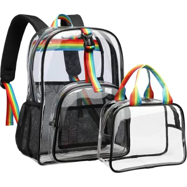 Fcolor Clear Backpack Large Clear Backpack Heavy Duty with Lunch Bag for College Work Stadium Travel Transparent Backpack with Rainbow Straps Black