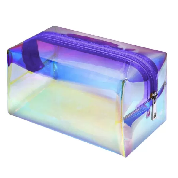 Fcolor Holographic Makeup Bag for Women  Travel Clear Cosmetic Bag  Waterproof Large Clear Makeup Pouch with Zipper Purple