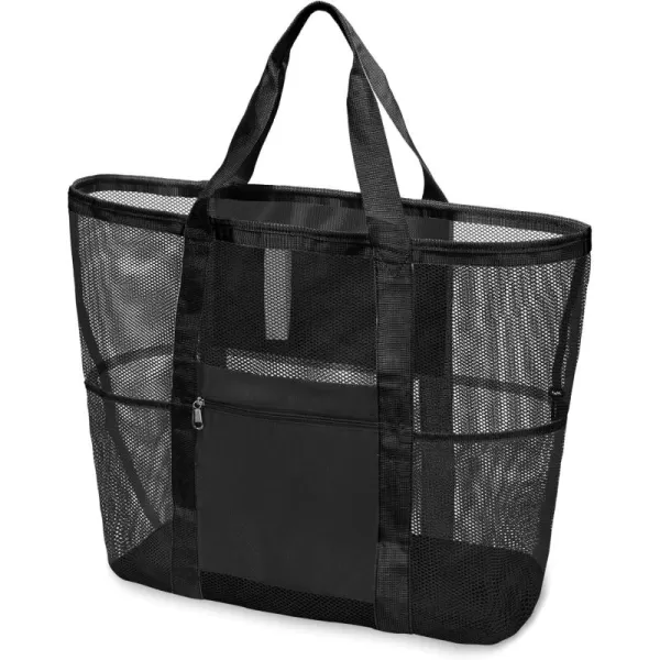 Fcolor Mesh Beach Bag Family  Beach Tote Bag 9 Pockets Beach Towel Bag XLBlack Basic Handle