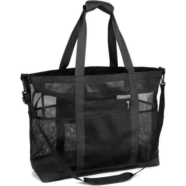 Fcolor Mesh Beach Bag Family  Beach Tote Bag 9 Pockets Beach Towel Bag XLBlack Handle With Cushion