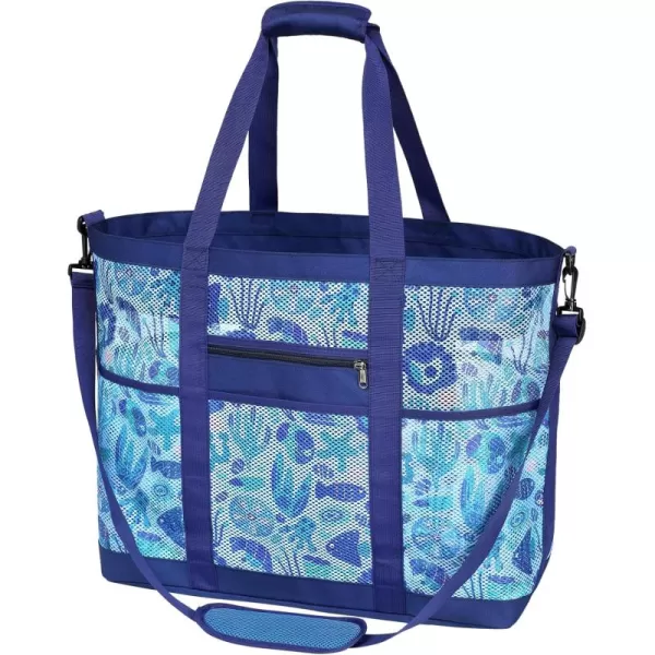 Fcolor Mesh Beach Bag Family  Beach Tote Bag 9 Pockets Beach Towel Bag XLBlue Seashell