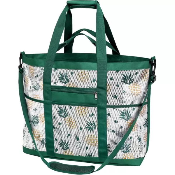 Fcolor Mesh Beach Bag Family  Beach Tote Bag 9 Pockets Beach Towel Bag XLGreen Handle With Strap