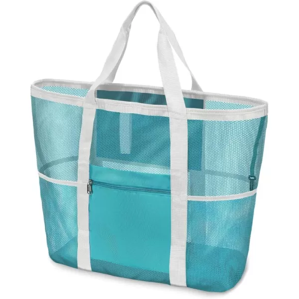 Fcolor Mesh Beach Bag Family  Beach Tote Bag 9 Pockets Beach Towel Bag XLMint Green Basic Handle