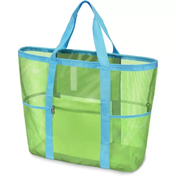 Fcolor Mesh Beach Bag Family  Beach Tote Bag 9 Pockets Beach Towel Bag XLNeon Green Basic Handle