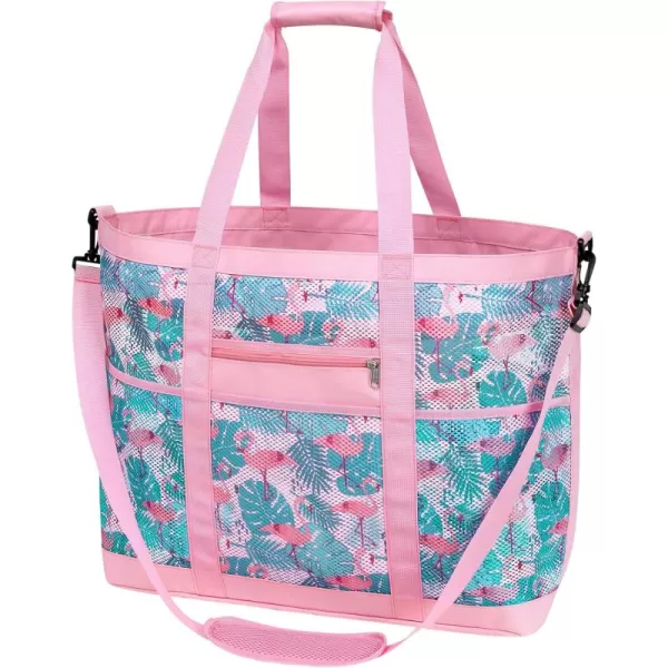 Fcolor Mesh Beach Bag Family  Beach Tote Bag 9 Pockets Beach Towel Bag XLPink Flamingo