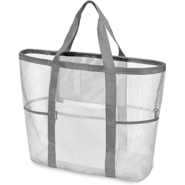 Fcolor Mesh Beach Bag Family  Beach Tote Bag 9 Pockets Beach Towel Bag XLWhite Basic Handle
