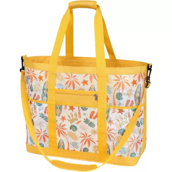 Fcolor Mesh Beach Bag Family  Beach Tote Bag 9 Pockets Beach Towel Bag XLYellow Handle With Cushion