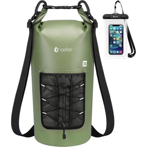 Fcolor Waterproof Dry Bag Backpack  5L10L20L30L40L Lightweight Roll Top Waterproof Pouch Dry Bag with Waterproof Phone Case for Kayaking Beach Boating Paddleboarding Camping Fishing30L Army Green