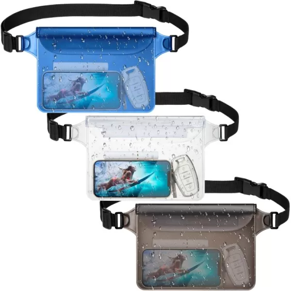 Fcolor Waterproof Fanny Pack  Waterproof Phone Pouch with Waist Strap  Cruise Essentials Must Haves Waterproof Pouch Dry Bag Keep Phone Valuables Safe for Beach Kayaking Boating Fishing3 Pack ClearBrownBlue