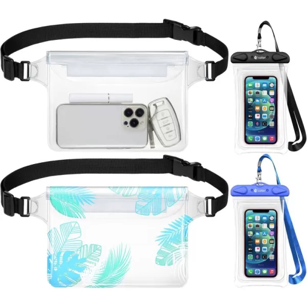 Fcolor Waterproof Fanny Pack  Waterproof Phone Pouch with Waist Strap  Cruise Essentials Must Haves Waterproof Pouch Dry Bag Keep Phone Valuables Safe for Beach Kayaking Boating Fishing2Phone CaseBlackBlue2Fanny PacksClearLeaf