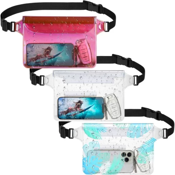 Fcolor Waterproof Fanny Pack  Waterproof Phone Pouch with Waist Strap  Cruise Essentials Must Haves Waterproof Pouch Dry Bag Keep Phone Valuables Safe for Beach Kayaking Boating Fishing3 Pack ClearPinkLeaf