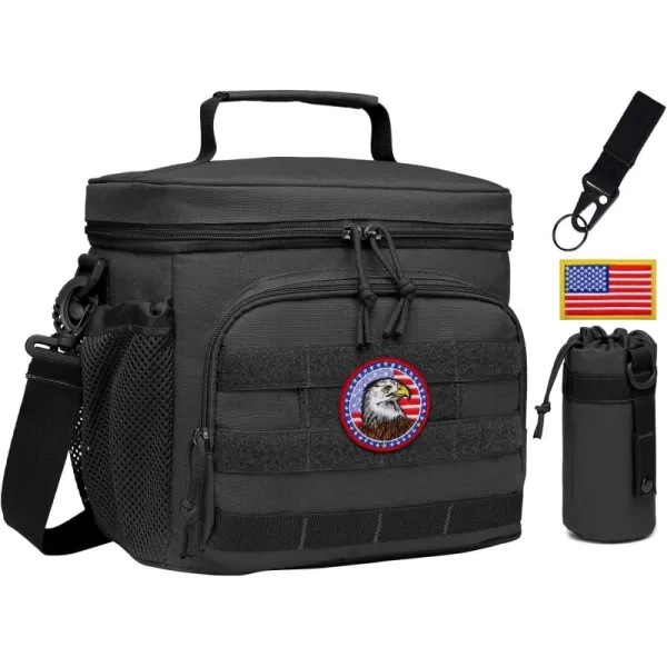 TACTICISM Tactical Lunch Box for Men 12L MOLLE Lunch Bag Adult Up to 8 Hours Insulated lunchbox Large Durable Leakproof Cooler with Detachable Water Bottle Pouch for Work Camping Fishing Black01GBlack  with 2 Patches and Water Bottle Pouch