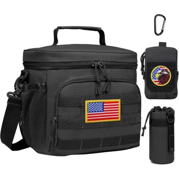 TACTICISM Tactical Lunch Box for Men 12L MOLLE Lunch Bag Adult Up to 8 Hours Insulated lunchbox Large Durable Leakproof Cooler with Detachable Water Bottle Pouch for Work Camping Fishing Black01FBlack  with Phone Pouch and Water Bottle Pouch