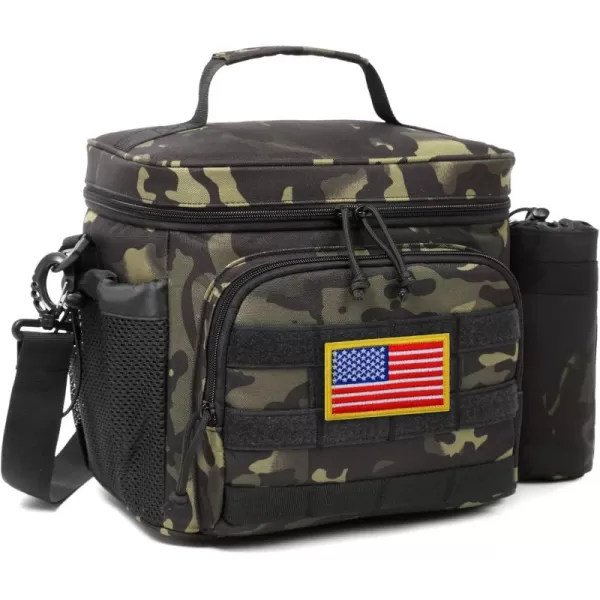TACTICISM Tactical Lunch Box for Men 12L MOLLE Lunch Bag Adult Up to 8 Hours Insulated lunchbox Large Durable Leakproof Cooler with Detachable Water Bottle Pouch for Work Camping Fishing Black01DBlack Camo  with Water Bottle Pouch