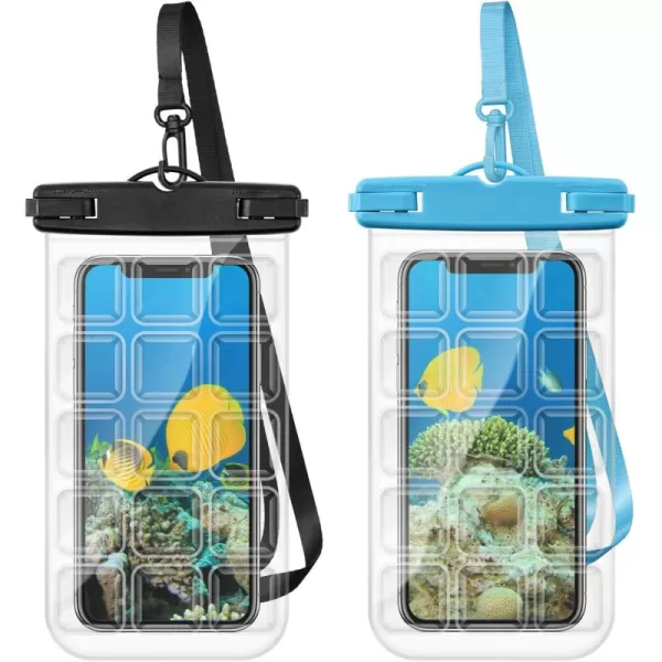 Fcolor Waterproof Phone Pouch  4 Pack Phone Waterproof Pouch for iPhone 15 14 Pro Max Galaxy S24 Up to 72quot IPX8 Waterproof Phone Case with Lanyard for Beach Surfing Snorkeling Swimming2 Pack  BlackBlue with Bubble Grids