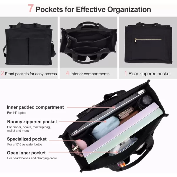 Fcolor Canvas Tote Bag with Zipper 7 Pockets Everything Tote Bag with Compartment for Women College Teacher Work Bag03largeblack