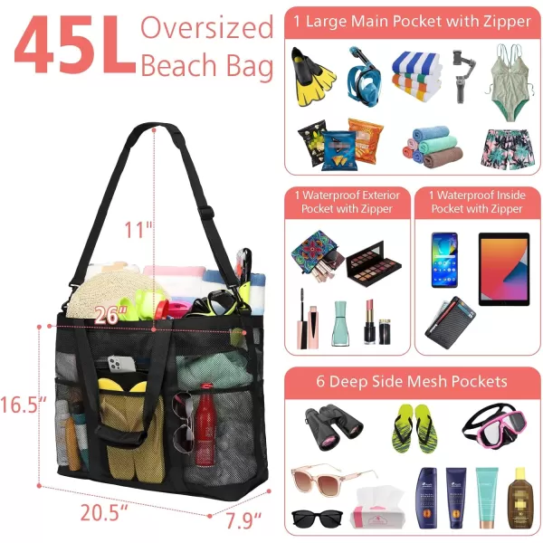 Fcolor Mesh Beach Bag Family  Beach Tote Bag 9 Pockets Beach Towel Bag XLBlack Handle With Cushion