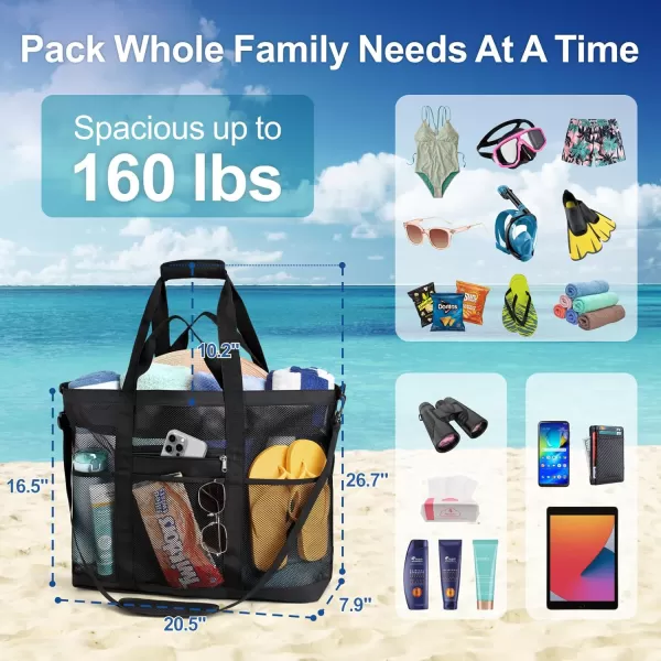 Fcolor Mesh Beach Bag Family  Beach Tote Bag 9 Pockets Beach Towel Bag XLBlack Handle With Strap