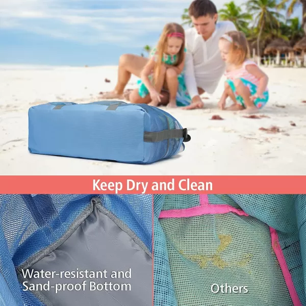 Fcolor Mesh Beach Bag Family  Beach Tote Bag 9 Pockets Beach Towel Bag XLBlue Handle With Cushion