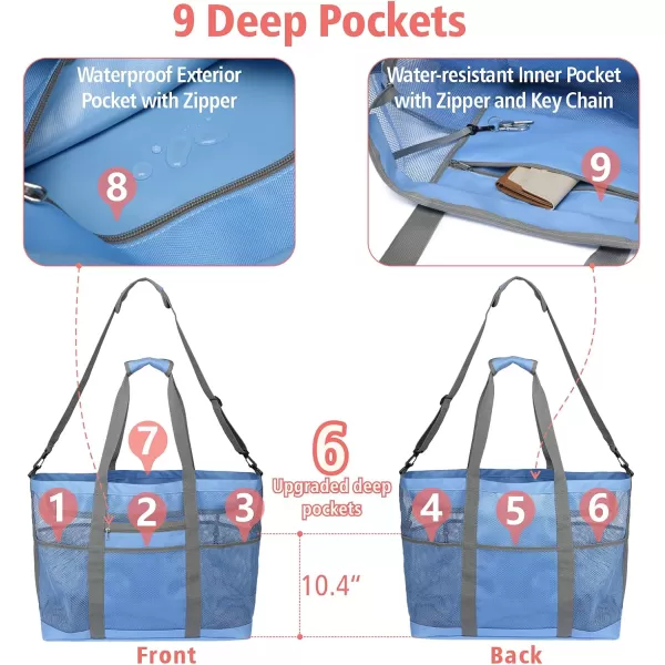Fcolor Mesh Beach Bag Family  Beach Tote Bag 9 Pockets Beach Towel Bag XLBlue Handle With Cushion