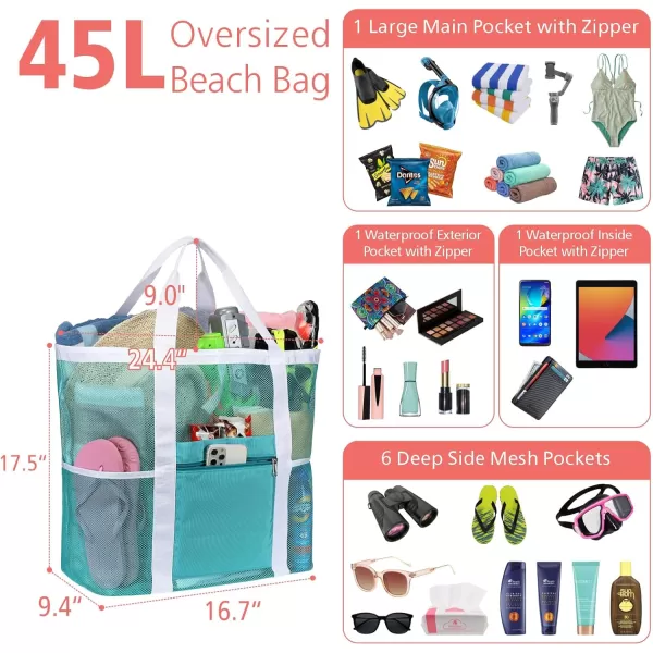 Fcolor Mesh Beach Bag Family  Beach Tote Bag 9 Pockets Beach Towel Bag XLMint Green Basic Handle