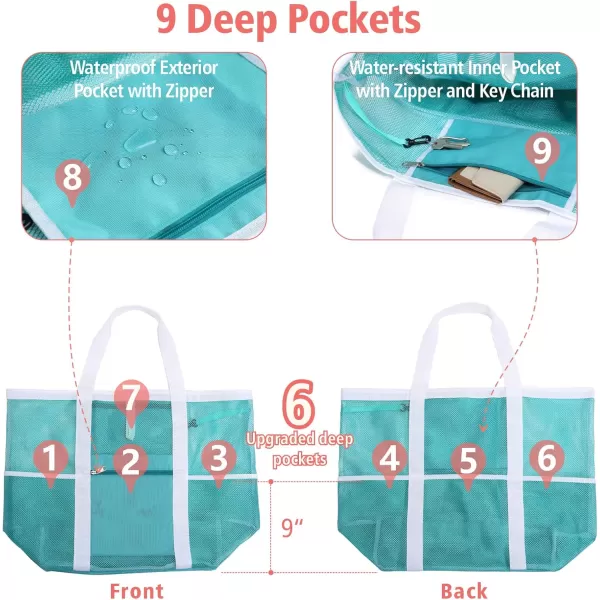 Fcolor Mesh Beach Bag Family  Beach Tote Bag 9 Pockets Beach Towel Bag XLMint Green Basic Handle