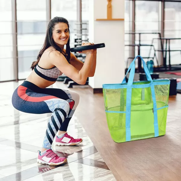 Fcolor Mesh Beach Bag Family  Beach Tote Bag 9 Pockets Beach Towel Bag XLNeon Green Basic Handle