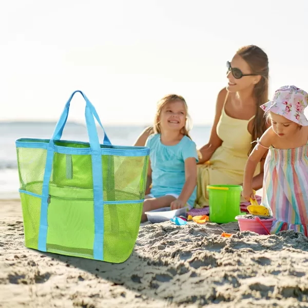 Fcolor Mesh Beach Bag Family  Beach Tote Bag 9 Pockets Beach Towel Bag XLNeon Green Basic Handle