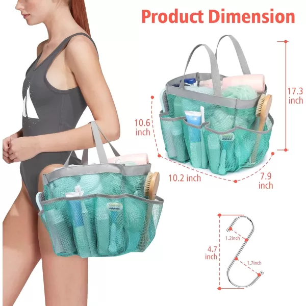 Fcolor Mesh Shower Caddy Portable Upgrade Deeper 7 Pockets Basket Bag Tote for College Dorm Room Toiletry Bathroom Essentials Gym Camp Quick Dry 2 handles with S Hook Black1 Pack Mint Green