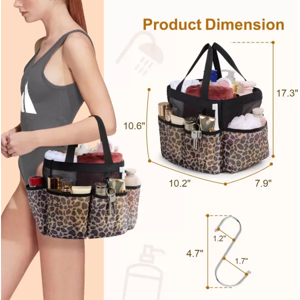 Fcolor Mesh Shower Caddy Portable Upgrade Deeper 7 Pockets Basket Bag Tote for College Dorm Room Toiletry Bathroom Essentials Gym Camp Quick Dry 2 handles with S Hook BlackL  Leopard