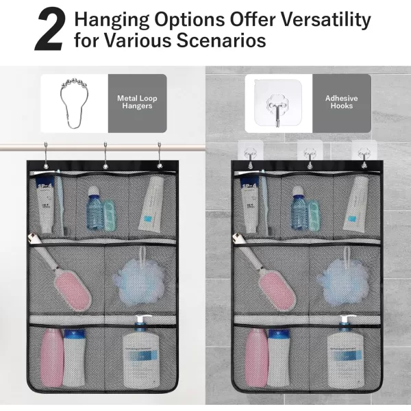 Fcolor Shower Organizer for Cruise Ship Essentials  with 3 Adhesive Hooks and 3 Metal Loop Hangers Quick Dry Mesh Shower Caddy Hanging 7 Pockets Bathroom Bag Tote for Shampoo Soap WhiteBlack