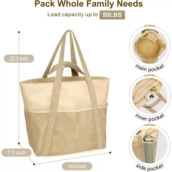 Fcolor Waterproof Beach Bags for Women  Machine Washable Travel Tote Bag with Zipper Packable for Beach Cruise SwimBeige
