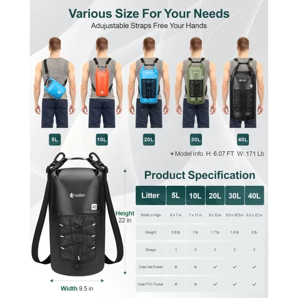 Fcolor Waterproof Dry Bag Backpack  5L10L20L30L40L Lightweight Roll Top Waterproof Pouch Dry Bag with Waterproof Phone Case for Kayaking Beach Boating Paddleboarding Camping Fishing40L Black
