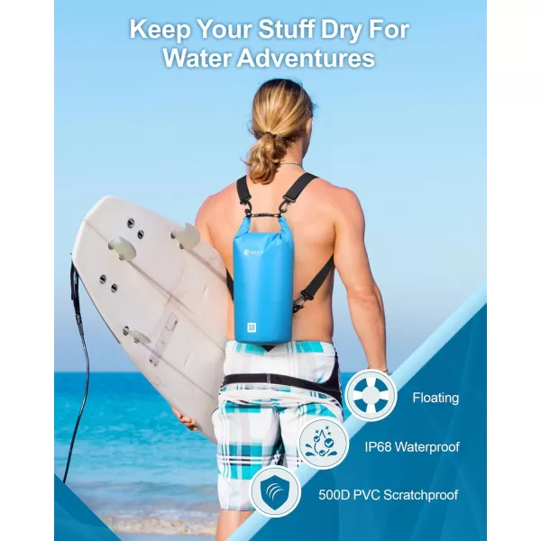 Fcolor Waterproof Dry Bag Backpack  5L10L20L30L40L Lightweight Roll Top Waterproof Pouch Dry Bag with Waterproof Phone Case for Kayaking Beach Boating Paddleboarding Camping Fishing10L Blue