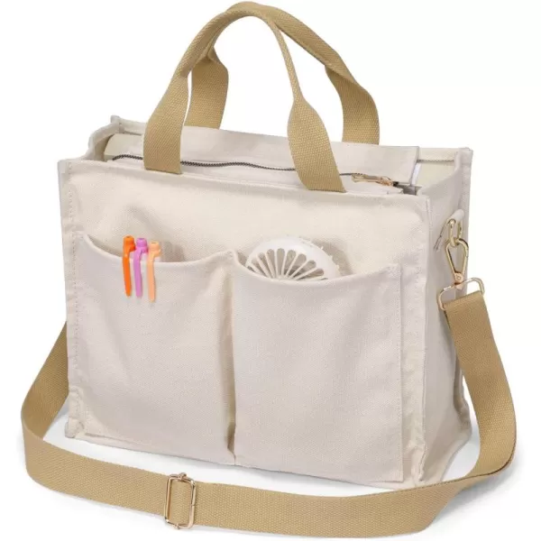 Fcolor Canvas Tote Bag with Zipper 7 Pockets Everything Tote Bag with Compartment for Women College Teacher Work Bag02mediumbeige