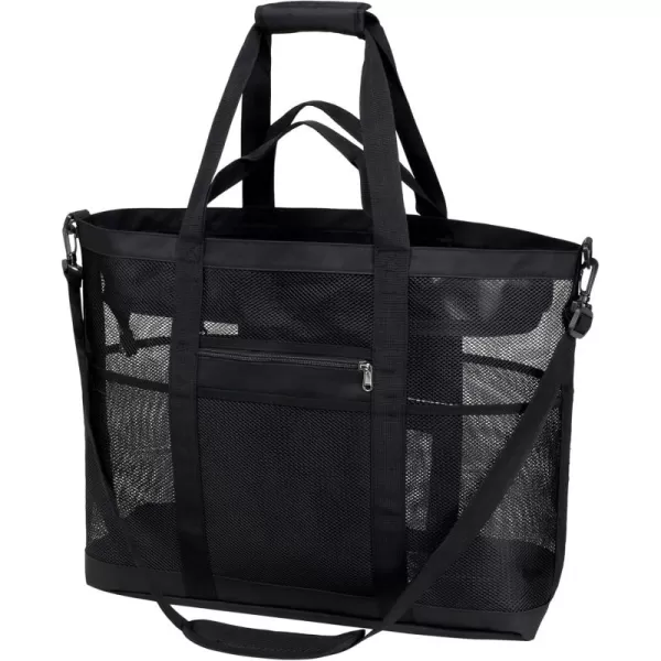 Fcolor Mesh Beach Bag Family  Beach Tote Bag 9 Pockets Beach Towel Bag XLBlack Handle With Strap
