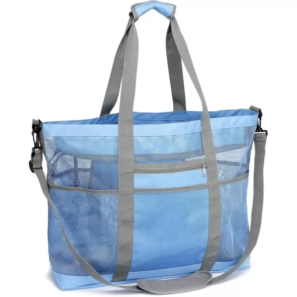 Fcolor Mesh Beach Bag Family  Beach Tote Bag 9 Pockets Beach Towel Bag XLBlue Handle With Cushion