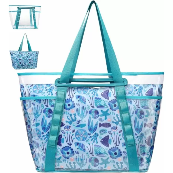 Fcolor Waterproof Beach Bags for Women  Machine Washable Travel Tote Bag with Zipper Packable for Beach Cruise SwimBlue