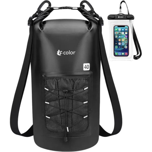 Fcolor Waterproof Dry Bag Backpack  5L10L20L30L40L Lightweight Roll Top Waterproof Pouch Dry Bag with Waterproof Phone Case for Kayaking Beach Boating Paddleboarding Camping Fishing40L Black
